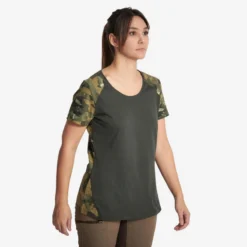 T-shirt Voor Dames 300 Katoen Camouflage Groen